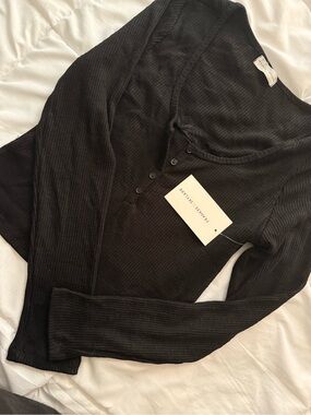 Black Ribbed Lace-Trim Button Henley Top
